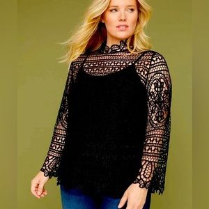 Lane Bryant Black Crochet Lace Tunic Top Sheer High Neck Long Sleeve Womens 20